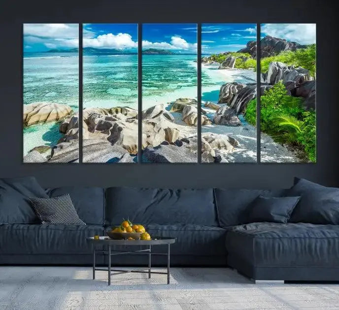 The "Seychelles Island and Beach Wall Art Canvas Print," consisting of three panels depicting a tropical beach scene with turquoise water and rocks on museum-quality canvases, is displayed prominently.