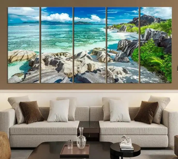 The "Seychelles Island and Beach Wall Art Canvas Print," consisting of three panels depicting a tropical beach scene with turquoise water and rocks on museum-quality canvases, is displayed prominently.