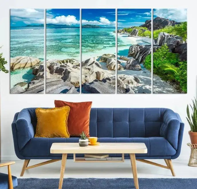 The "Seychelles Island and Beach Wall Art Canvas Print," consisting of three panels depicting a tropical beach scene with turquoise water and rocks on museum-quality canvases, is displayed prominently.