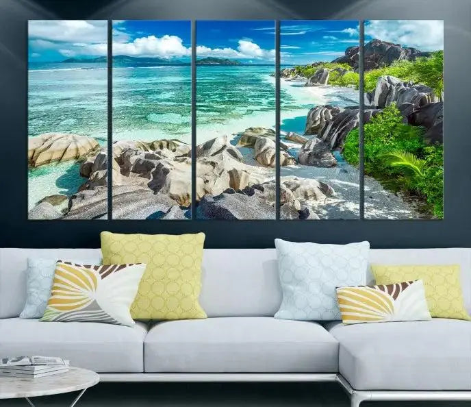 The "Seychelles Island and Beach Wall Art Canvas Print," consisting of three panels depicting a tropical beach scene with turquoise water and rocks on museum-quality canvases, is displayed prominently.