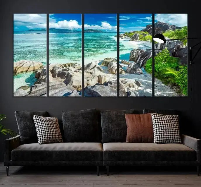 The "Seychelles Island and Beach Wall Art Canvas Print," consisting of three panels depicting a tropical beach scene with turquoise water and rocks on museum-quality canvases, is displayed prominently.