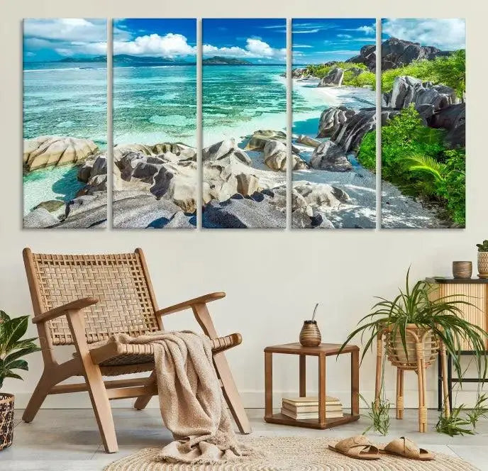 The "Seychelles Island and Beach Wall Art Canvas Print," consisting of three panels depicting a tropical beach scene with turquoise water and rocks on museum-quality canvases, is displayed prominently.