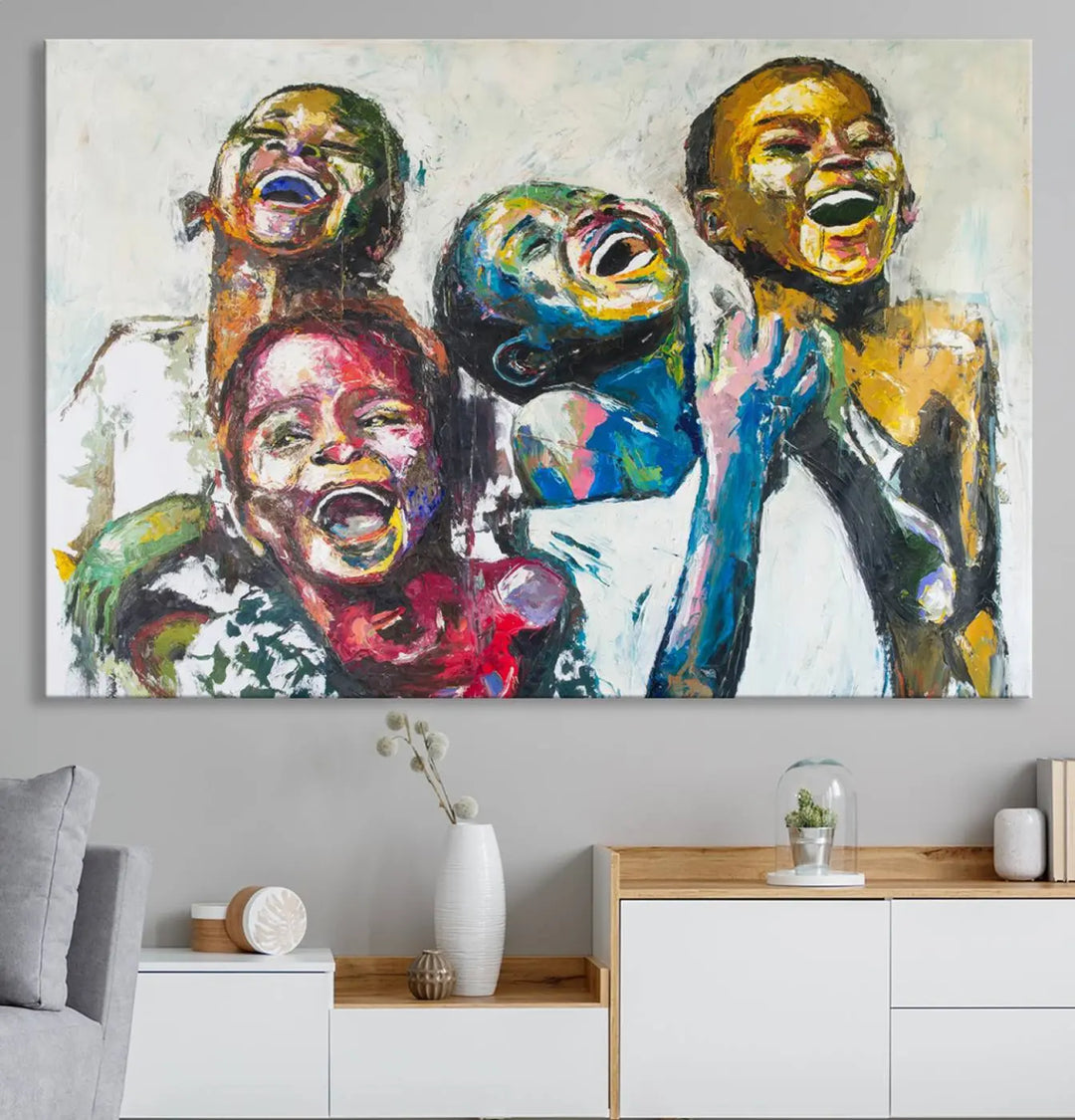 A multi-panel decor piece titled "Joyful African Black Kids" by Shai Yossef features a vibrant impasto painting of four children laughing and is elegantly displayed as premium canvas wall art.