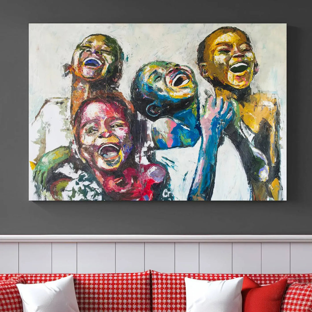 A multi-panel decor piece titled "Joyful African Black Kids" by Shai Yossef features a vibrant impasto painting of four children laughing and is elegantly displayed as premium canvas wall art.