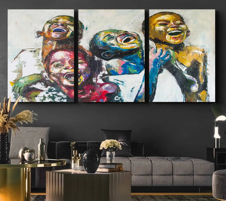 A multi-panel decor piece titled "Joyful African Black Kids" by Shai Yossef features a vibrant impasto painting of four children laughing and is elegantly displayed as premium canvas wall art.