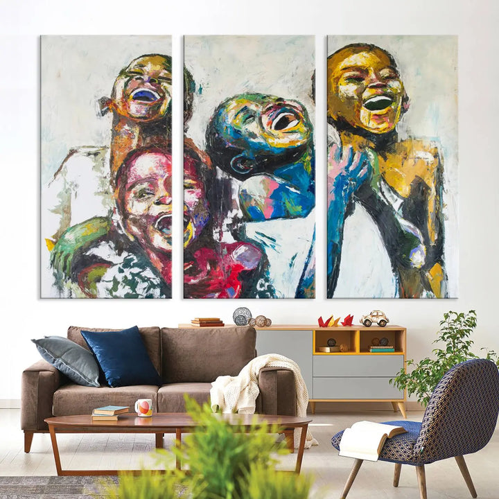 A multi-panel decor piece titled "Joyful African Black Kids" by Shai Yossef features a vibrant impasto painting of four children laughing and is elegantly displayed as premium canvas wall art.