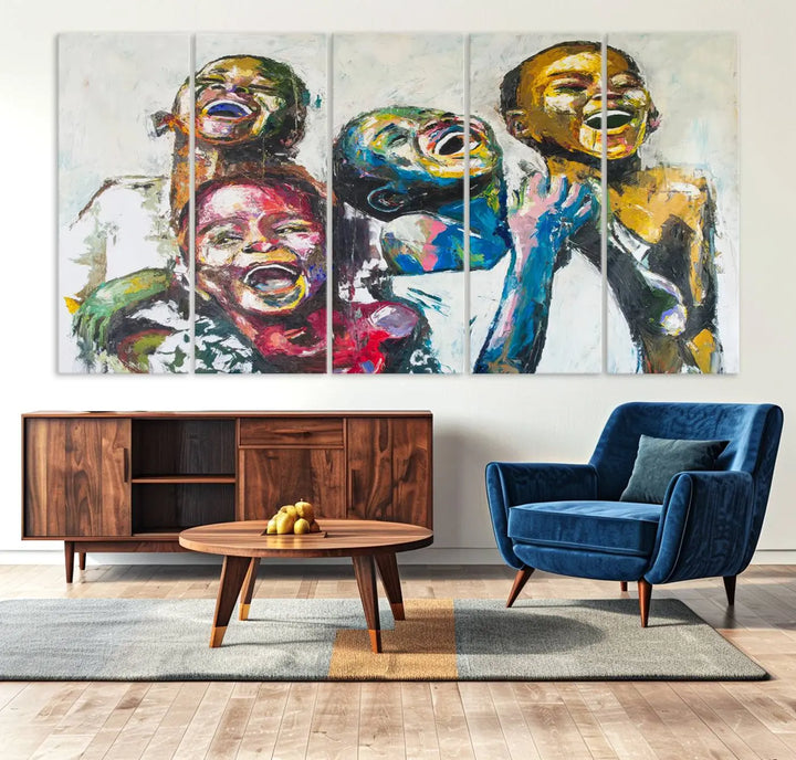 A multi-panel decor piece titled "Joyful African Black Kids" by Shai Yossef features a vibrant impasto painting of four children laughing and is elegantly displayed as premium canvas wall art.