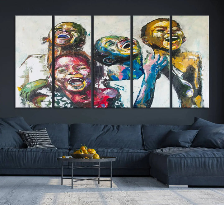 A multi-panel decor piece titled "Joyful African Black Kids" by Shai Yossef features a vibrant impasto painting of four children laughing and is elegantly displayed as premium canvas wall art.