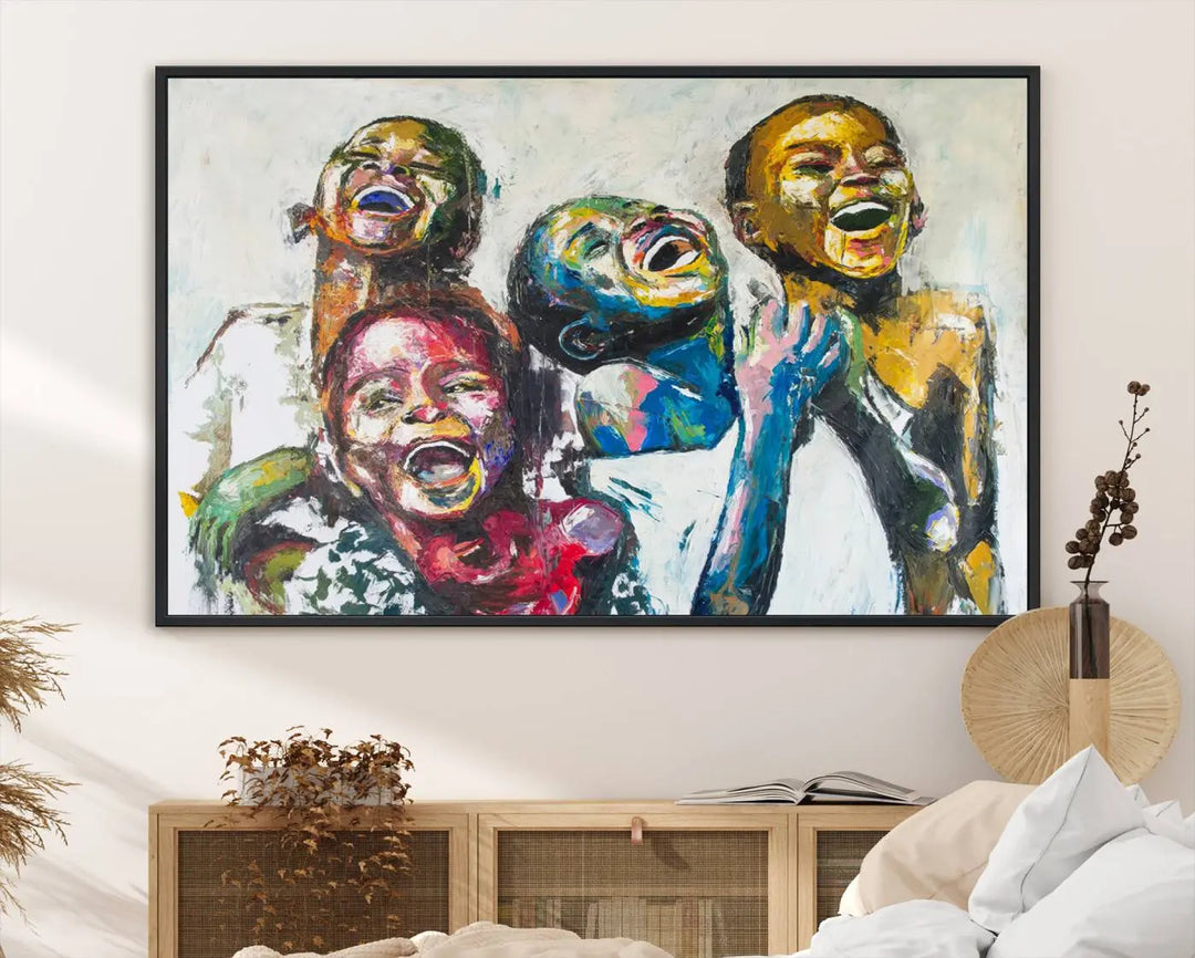 A multi-panel decor piece titled "Joyful African Black Kids" by Shai Yossef features a vibrant impasto painting of four children laughing and is elegantly displayed as premium canvas wall art.