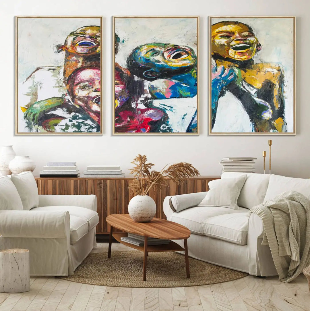 A multi-panel decor piece titled "Joyful African Black Kids" by Shai Yossef features a vibrant impasto painting of four children laughing and is elegantly displayed as premium canvas wall art.