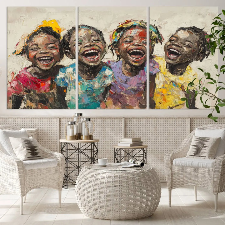 The Shai Yossef style "Joyful Childhood Canvas Wall Art" beautifully depicts an expressive impasto painting of three cheerful black children laughing, capturing the joyous essence of childhood.