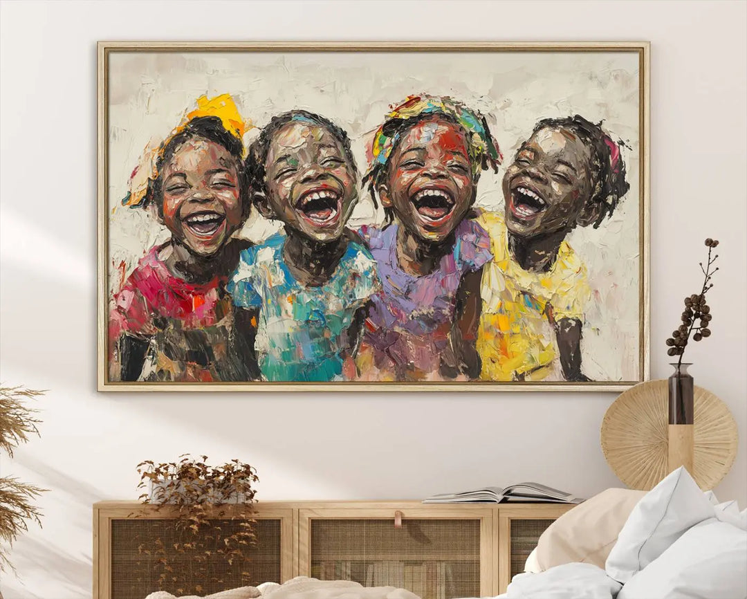 The Shai Yossef style "Joyful Childhood Canvas Wall Art" beautifully depicts an expressive impasto painting of three cheerful black children laughing, capturing the joyous essence of childhood.