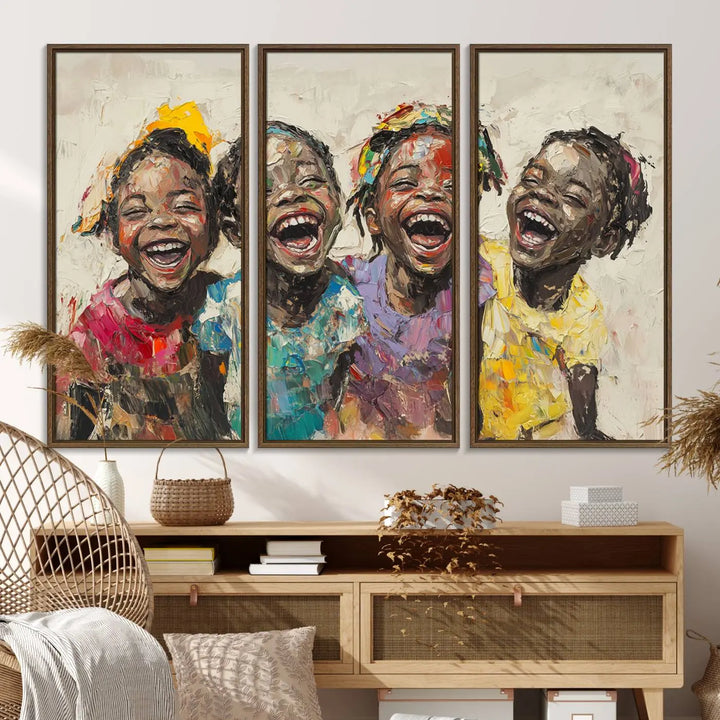 The Shai Yossef style "Joyful Childhood Canvas Wall Art" beautifully depicts an expressive impasto painting of three cheerful black children laughing, capturing the joyous essence of childhood.