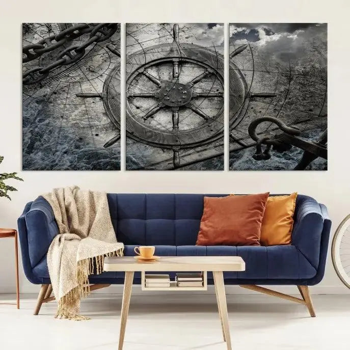 The living room features the Ship Steering Wheel Vintage Wall Art Canvas Print in a triptych format.