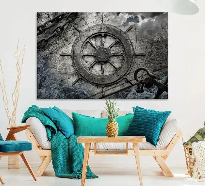 The living room features the Ship Steering Wheel Vintage Wall Art Canvas Print in a triptych format.