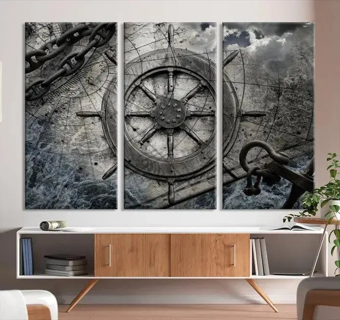 The living room features the Ship Steering Wheel Vintage Wall Art Canvas Print in a triptych format.