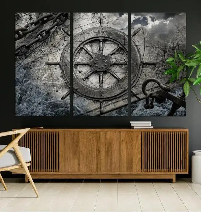 The living room features the Ship Steering Wheel Vintage Wall Art Canvas Print in a triptych format.