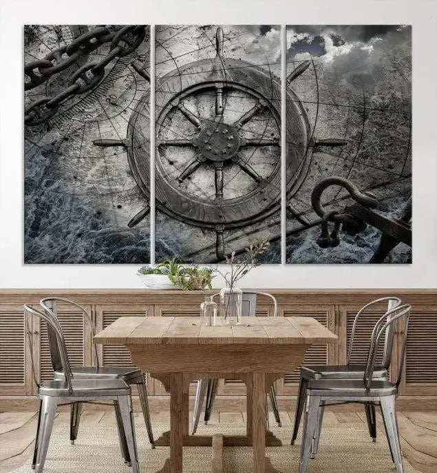 The living room features the Ship Steering Wheel Vintage Wall Art Canvas Print in a triptych format.