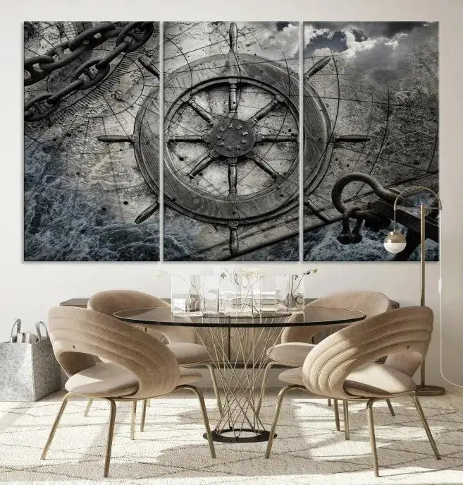 The living room features the Ship Steering Wheel Vintage Wall Art Canvas Print in a triptych format.