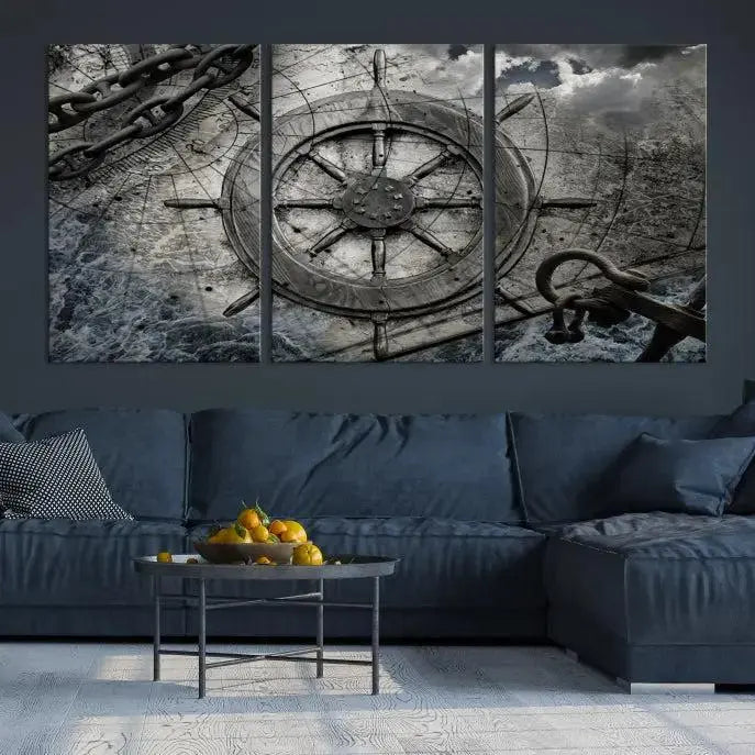 The living room features the Ship Steering Wheel Vintage Wall Art Canvas Print in a triptych format.