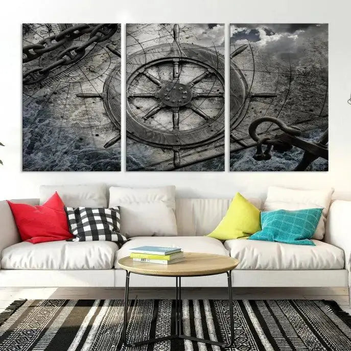 The living room features the Ship Steering Wheel Vintage Wall Art Canvas Print in a triptych format.