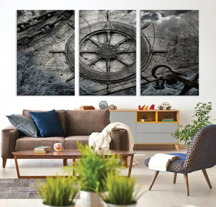 The living room features the Ship Steering Wheel Vintage Wall Art Canvas Print in a triptych format.