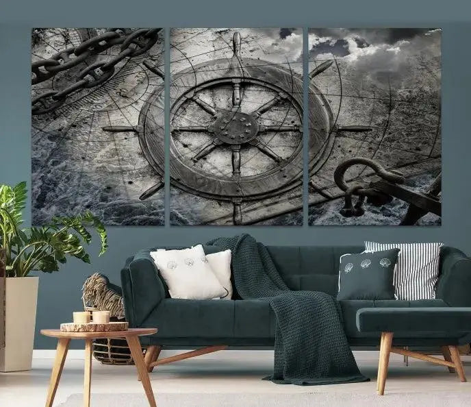 The living room features the Ship Steering Wheel Vintage Wall Art Canvas Print in a triptych format.