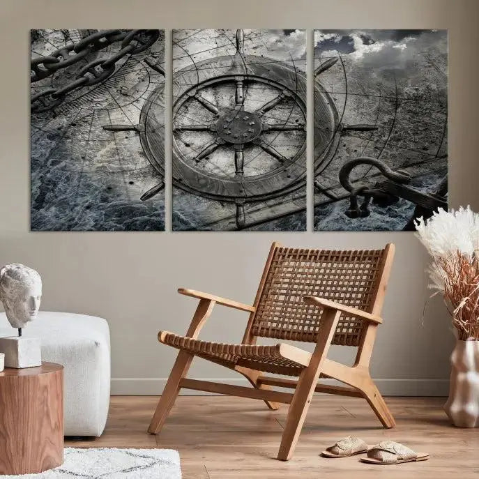 The living room features the Ship Steering Wheel Vintage Wall Art Canvas Print in a triptych format.