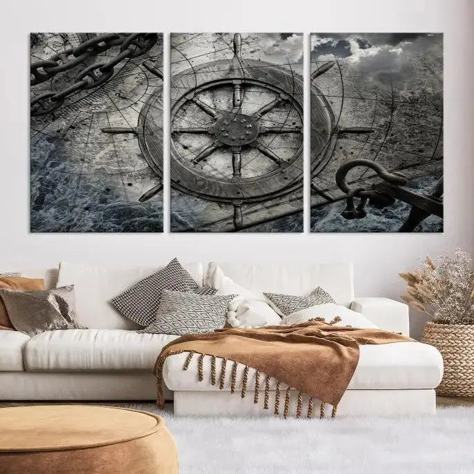 The living room features the Ship Steering Wheel Vintage Wall Art Canvas Print in a triptych format.