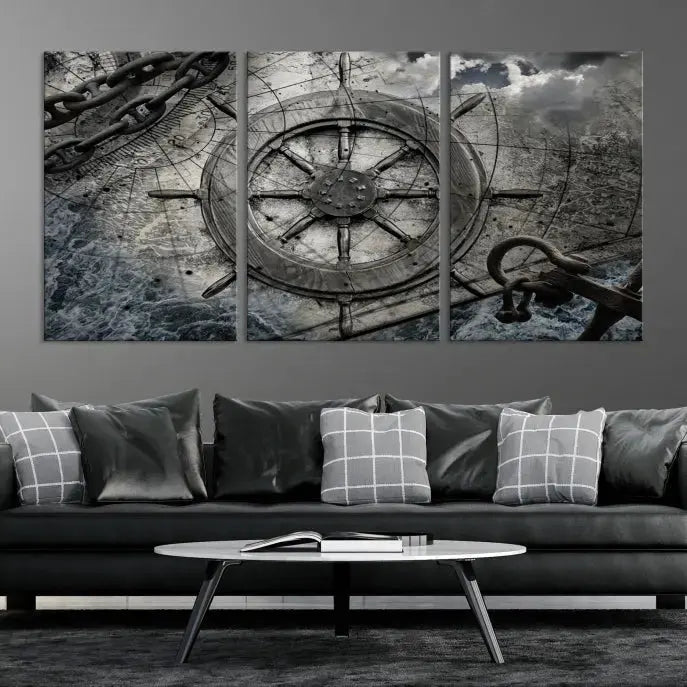 The living room features the Ship Steering Wheel Vintage Wall Art Canvas Print in a triptych format.