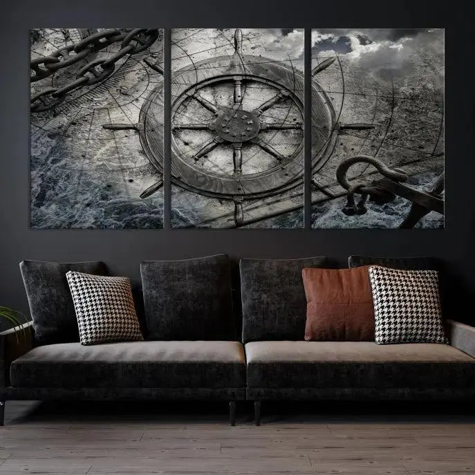 The living room features the Ship Steering Wheel Vintage Wall Art Canvas Print in a triptych format.