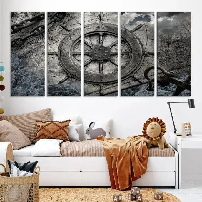 The living room features the Ship Steering Wheel Vintage Wall Art Canvas Print in a triptych format.