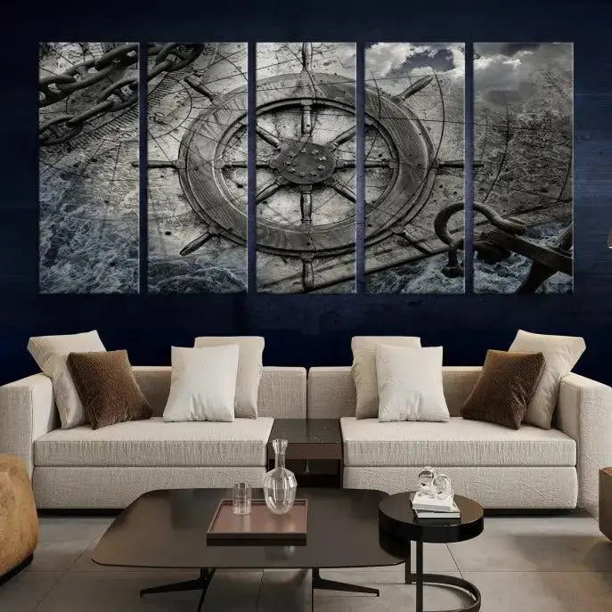 The living room features the Ship Steering Wheel Vintage Wall Art Canvas Print in a triptych format.