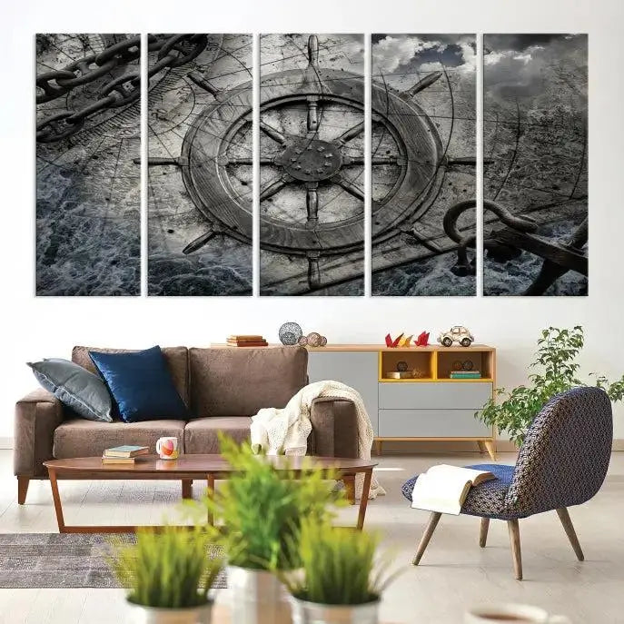 The living room features the Ship Steering Wheel Vintage Wall Art Canvas Print in a triptych format.