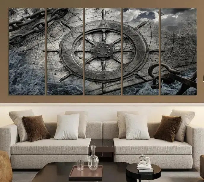 The living room features the Ship Steering Wheel Vintage Wall Art Canvas Print in a triptych format.