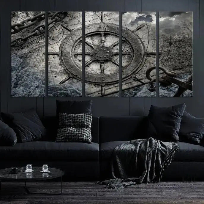 The living room features the Ship Steering Wheel Vintage Wall Art Canvas Print in a triptych format.