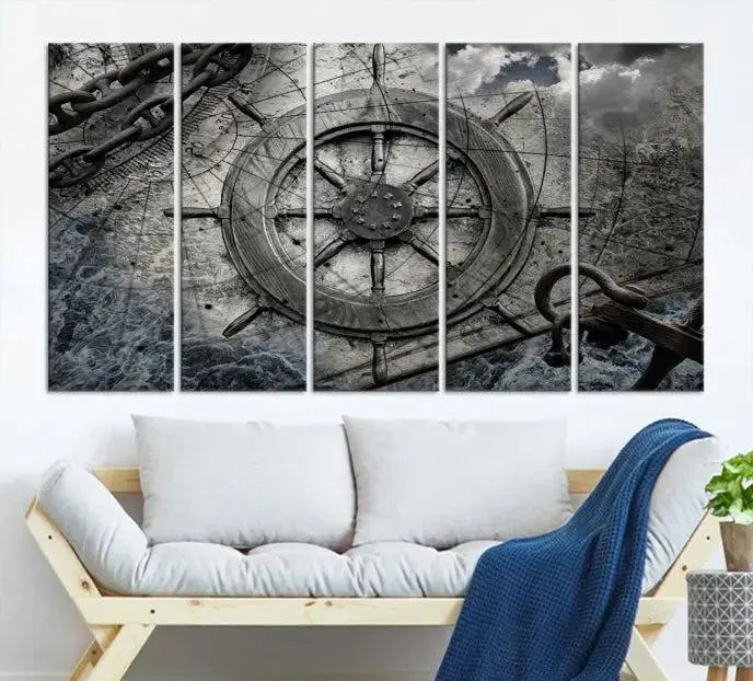 The living room features the Ship Steering Wheel Vintage Wall Art Canvas Print in a triptych format.