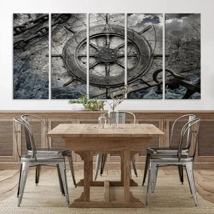 The living room features the Ship Steering Wheel Vintage Wall Art Canvas Print in a triptych format.