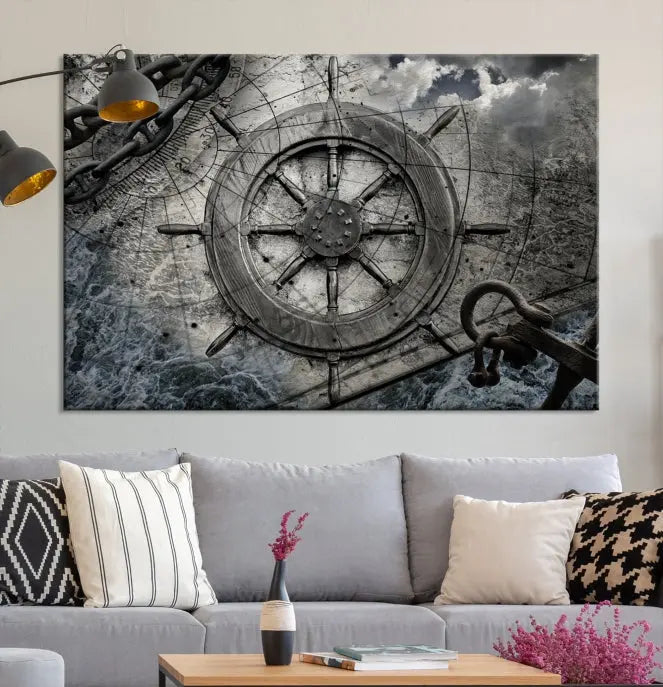 The living room features the Ship Steering Wheel Vintage Wall Art Canvas Print in a triptych format.