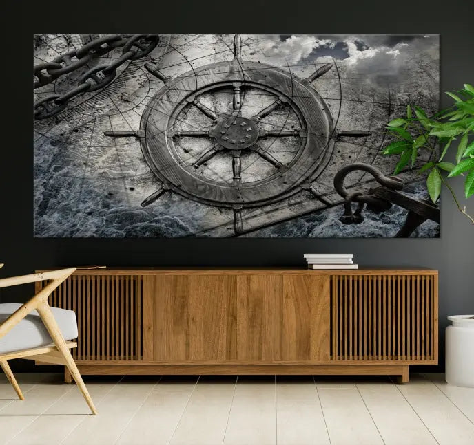 The living room features the Ship Steering Wheel Vintage Wall Art Canvas Print in a triptych format.