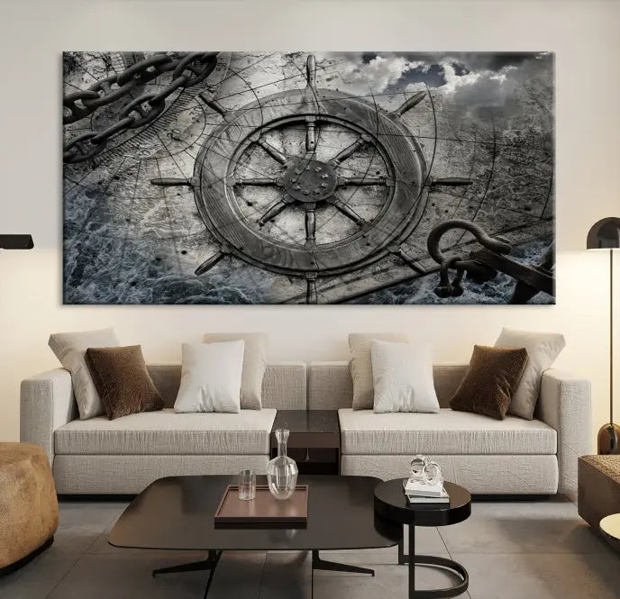 The living room features the Ship Steering Wheel Vintage Wall Art Canvas Print in a triptych format.