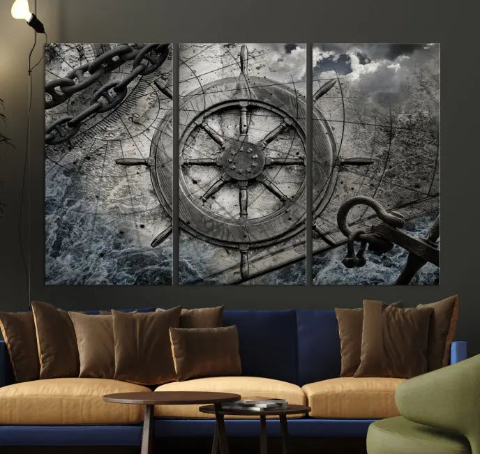 The living room features the Ship Steering Wheel Vintage Wall Art Canvas Print in a triptych format.