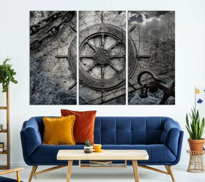 The living room features the Ship Steering Wheel Vintage Wall Art Canvas Print in a triptych format.