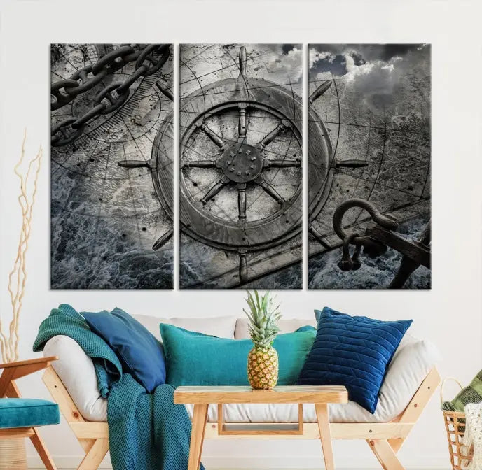 The living room features the Ship Steering Wheel Vintage Wall Art Canvas Print in a triptych format.