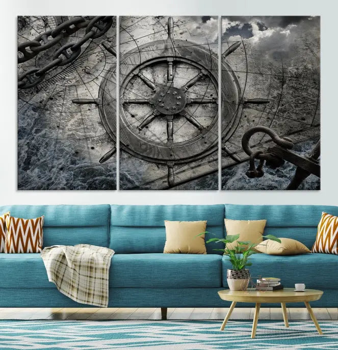 The living room features the Ship Steering Wheel Vintage Wall Art Canvas Print in a triptych format.