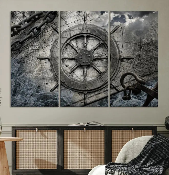 The living room features the Ship Steering Wheel Vintage Wall Art Canvas Print in a triptych format.