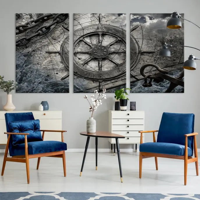 The living room features the Ship Steering Wheel Vintage Wall Art Canvas Print in a triptych format.