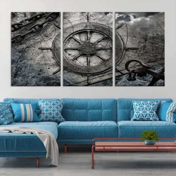 The living room features the Ship Steering Wheel Vintage Wall Art Canvas Print in a triptych format.