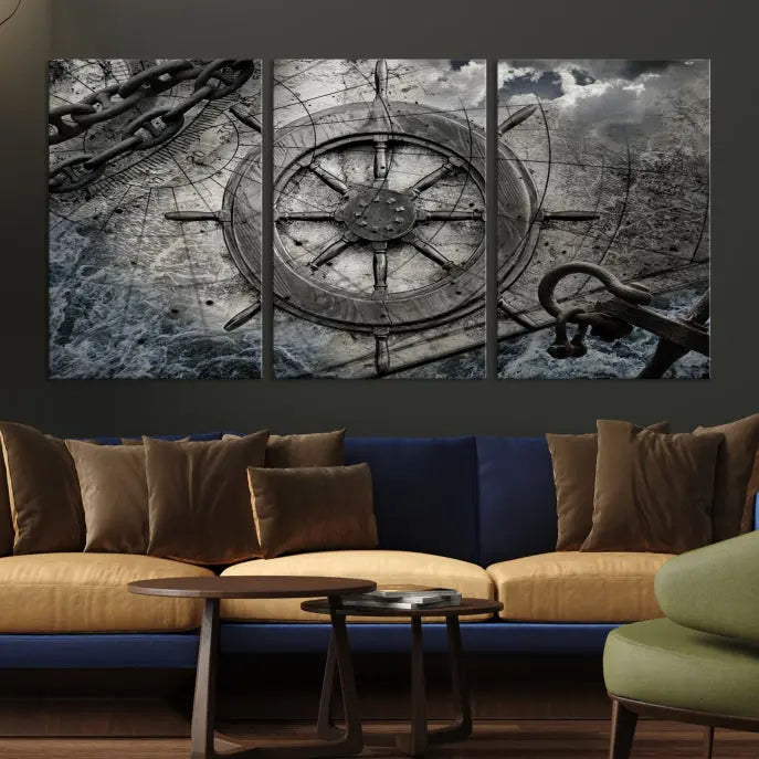 The living room features the Ship Steering Wheel Vintage Wall Art Canvas Print in a triptych format.