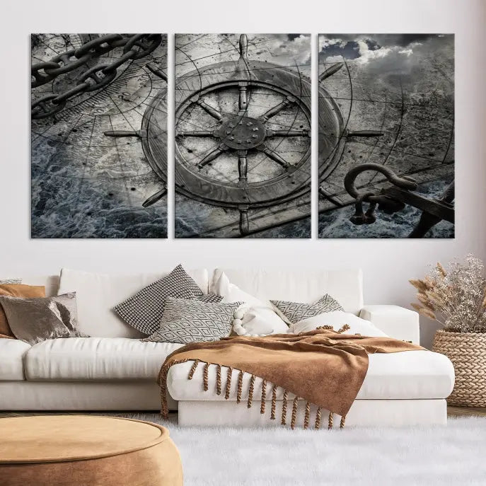 The living room features the Ship Steering Wheel Vintage Wall Art Canvas Print in a triptych format.